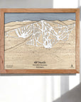 Wooden ski trail map of 49° North Ski Resort a white wall in a modern ski chalet.