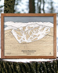 Handcrafted wood map of Alpine Meadows ski resort located near Lake Tahoe.