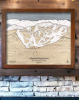 Laser-engraved, intricate, wood map of Alpine Meadows Ski Trails in California. Sierra Nevada Mountains.
