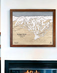 Bridger Bowl Handcrafted wood map, ski resort wall maps for skiers and snowboarders.