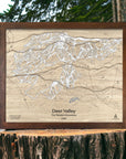 Wooden map of Deer Valley, Utah on a wooden stump with a natural background