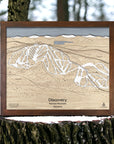 Wooden layered ski trail map of a Discovery Ski Resort in Montana on a tree stump with a forest background.
