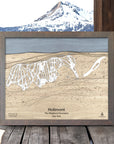 Wooden trail map of Holimont Ski Slopes, The Allegheny Mountains, New York, framed against a scenic mountain backdrop.