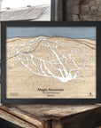 Magic Mountain Ski Resort Art, Wooden Ski Map, Torched Peaks, Designed by artist Shawn Orecchio