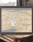 Wooden framed map of Mont Tremblant Ski Resort, Quebec on a rustic wooden surface in a ski cabin