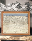 Park City Utah Ski Area Map, wood carved mountain art, ski cabin decor.