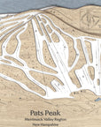 Laser-cut, engraved wood map of Pats Peak ski resort in New Hampshire with detailed layout and annotations.