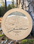 Birch Quechee Club ski trail map cribbage board displayed beside a pine tree in a Vermont woodland setting.