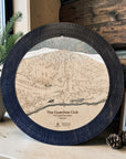 Matte Onyx Quechee Club ski map cribbage board displayed with pinecones and greenery as modern ski cabin décor.