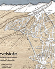 Laser-cut, 3D wood map of Revelstoke Mountain, British Columbia with ski trail details.
