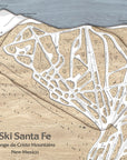Laser-cut, wood engraved map of Ski Santa Fe in New Mexico with ski slope details.