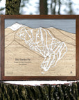Wooden ski resort map of Ski Santa Fe on a tree stump with a forest background