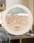 Handcrafted Sugar Bowl ski map cribbage board in Arctic White displayed in a bright mountain home.