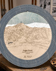 Sugar Bowl ski map cribbage board in Graphite Grey styled on a wood table.