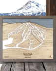 Wooden topographic map of Terry Peak in the Black Hills, South Dakota, with a scenic mountain background.