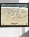 Framed topographic map of Vail Mountain, Colorado on a white wall.