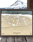 Wooden topographic map of Vail Mountain with a scenic mountain backdrop