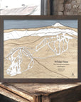 Wooden map of White Pass in the Cascade Mountains, framed and displayed on a wooden surface in a rustic ski cabin
