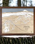 Wooden map of White Pass Ski Runs in the Cascade Mountains, Washington, displayed outdoors.