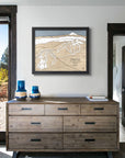 Large format artwork of White Pass Ski Resort featured above a dresser in a modern ski cabin.