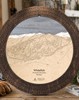Rustic Mocha Whitefish Mountain cribbage board displayed with playing cards and après-ski snacks.