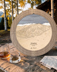 Weathered Timber Whitefish ski map cribbage board displayed outdoors with whiskey glasses for après-ski game night.