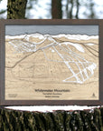 3D layered, wooden map of Whitewater Mountain Ski Resort in a frame against a natural background