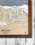 Wolf Creek Ski Resort Map laser-carved in wood, Framed Skiing Art