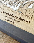 Wooden map of Arapahoe Basin, Summit County, Colorado with engraved text.