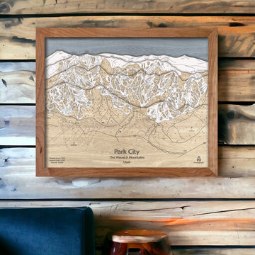 Handcrafted, Wooden Map of Park City Ski Resort in Utah. Home of the 2002 Salt Lake City Winter Olympics. 