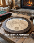 Handcrafted Ski Map Cribbage Board displayed in a mountain cabin, a unique ski gift and heirloom board game.