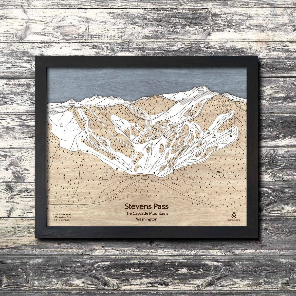 Stevens Pass, WA Ski Trail Map Art | 3D Wood Mountain Art