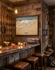 whitefish wooden ski resort map displayed in a mountain home bar as inspiration for apres ski decor