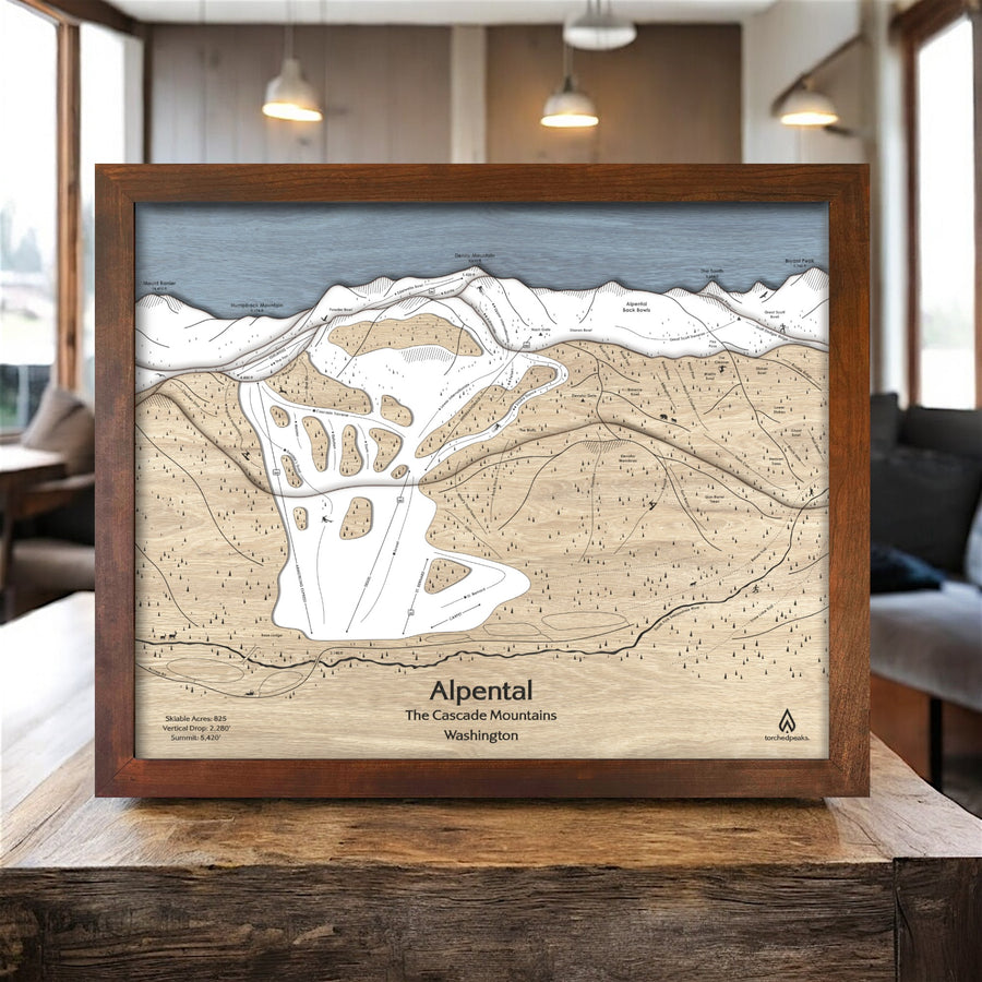 Alpental Washington, Ski Resort Map, Laser-cut ski map, Torched Peaks Ski Maps, Skiing Decor