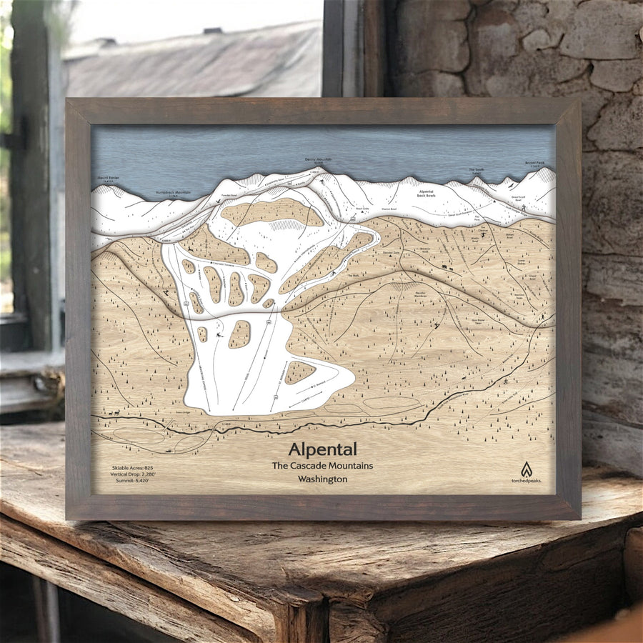 Alpental Ski Area Map, Ski Slopes, Alpental Mountain Ski Map engraved in wood