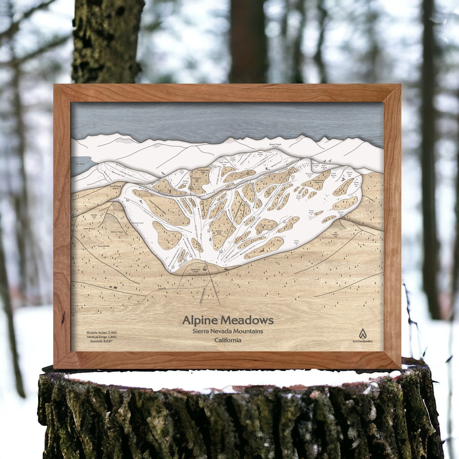 Handcrafted wood map of Alpine Meadows ski resort located near Lake Tahoe. 