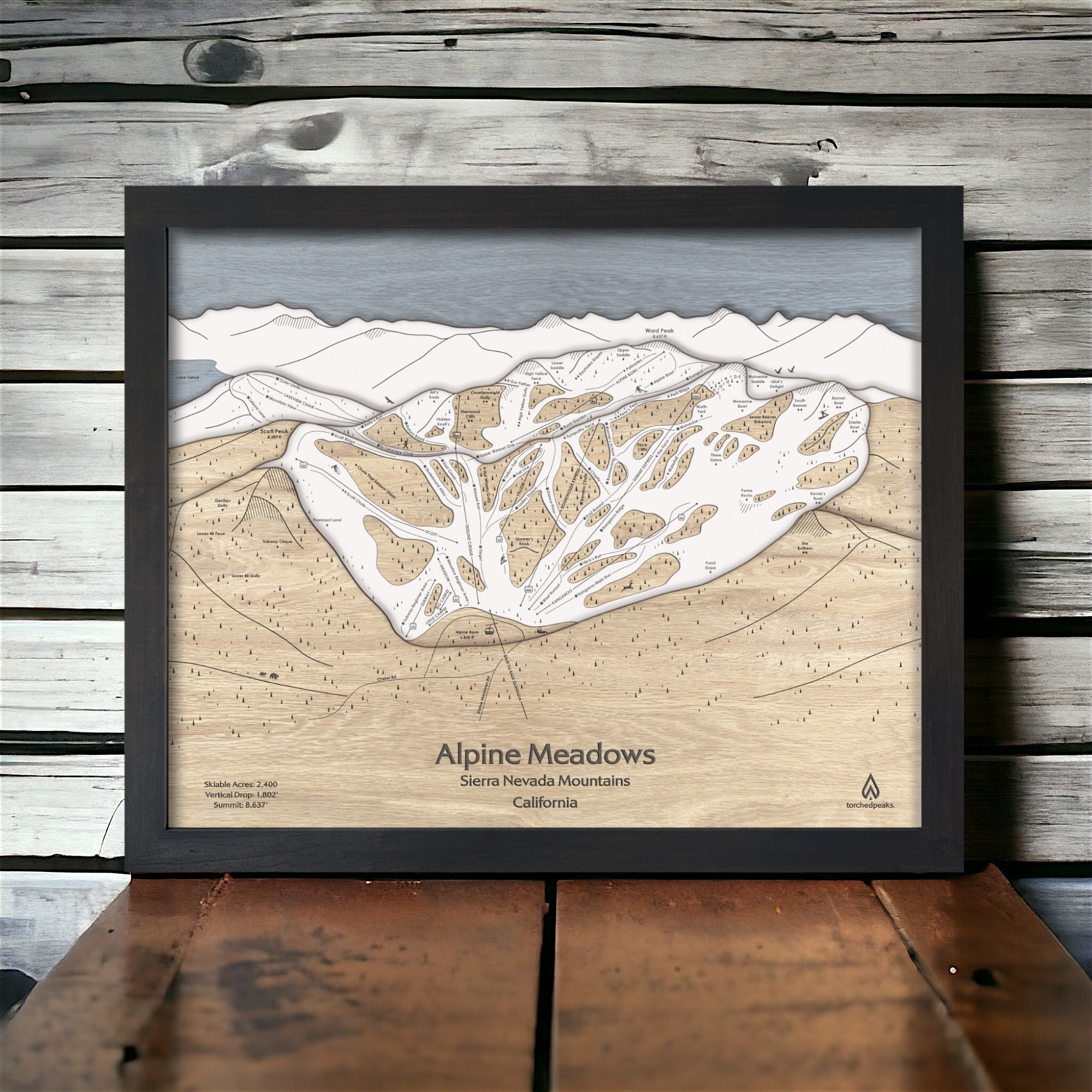 Popular Lake Tahoe Ski Resorts: Alpine Meadows wooden wall map