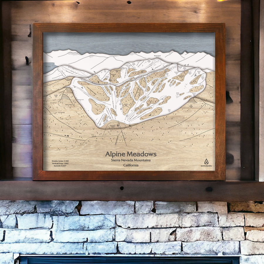 Laser-engraved, intricate, wood map of Alpine Meadows Ski Trails in California. Sierra Nevada Mountains. 