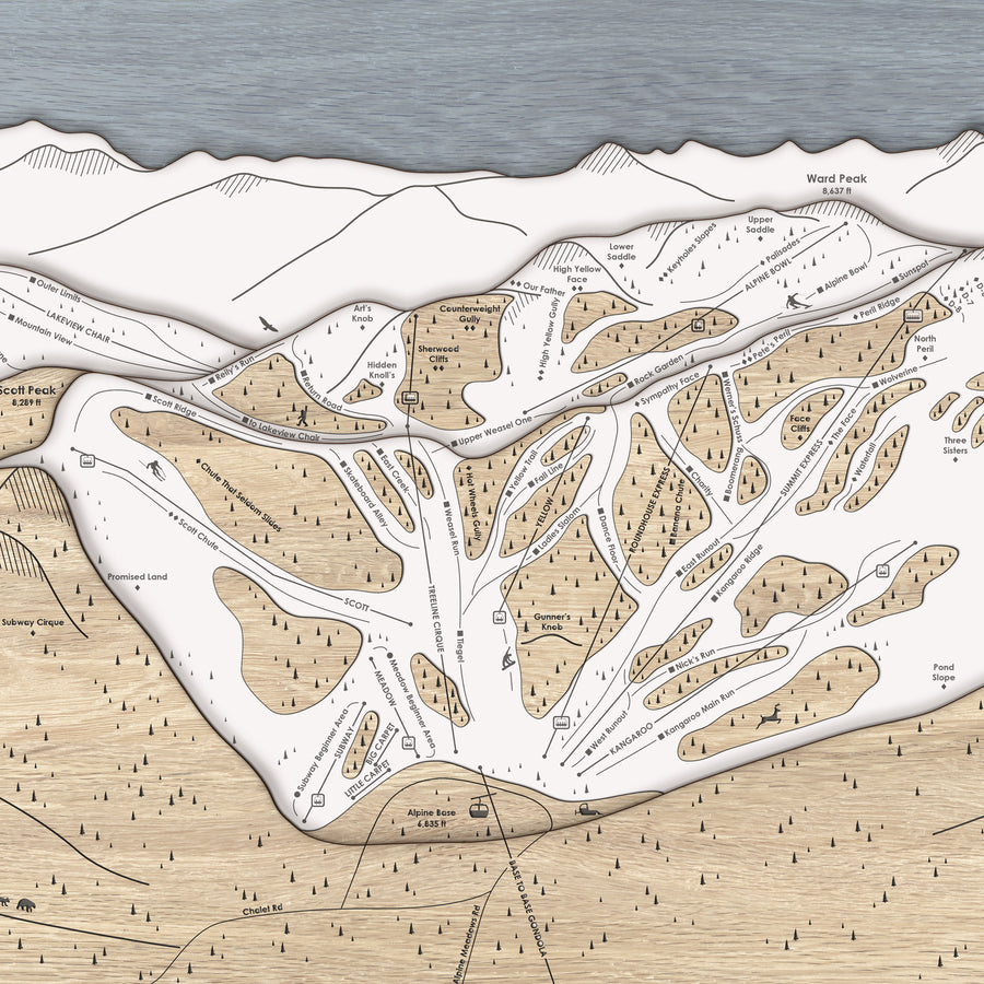 Laser-engraved wood map Alpine Meadows