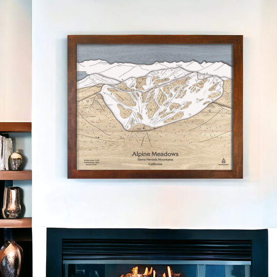 Alpine Meadows Wood Map, Framed Skiing Art