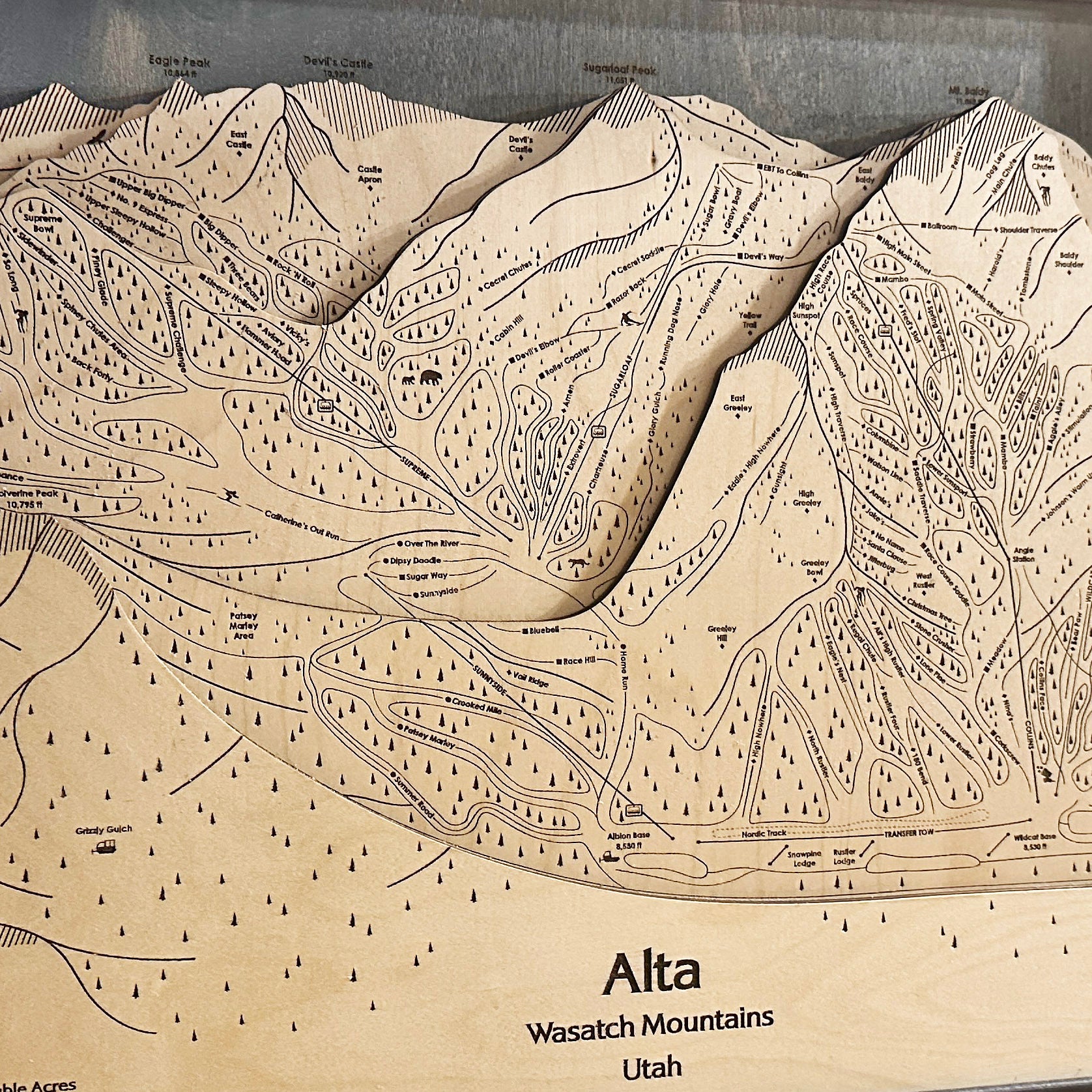 Alta Utah Ski Resort Laser-cut wood map, Ski Cabin Wall Art