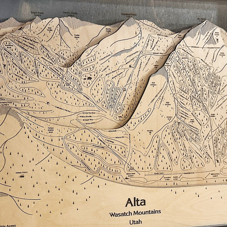 Alta Utah Ski Resort Laser-cut wood map, Ski Cabin Wall Art