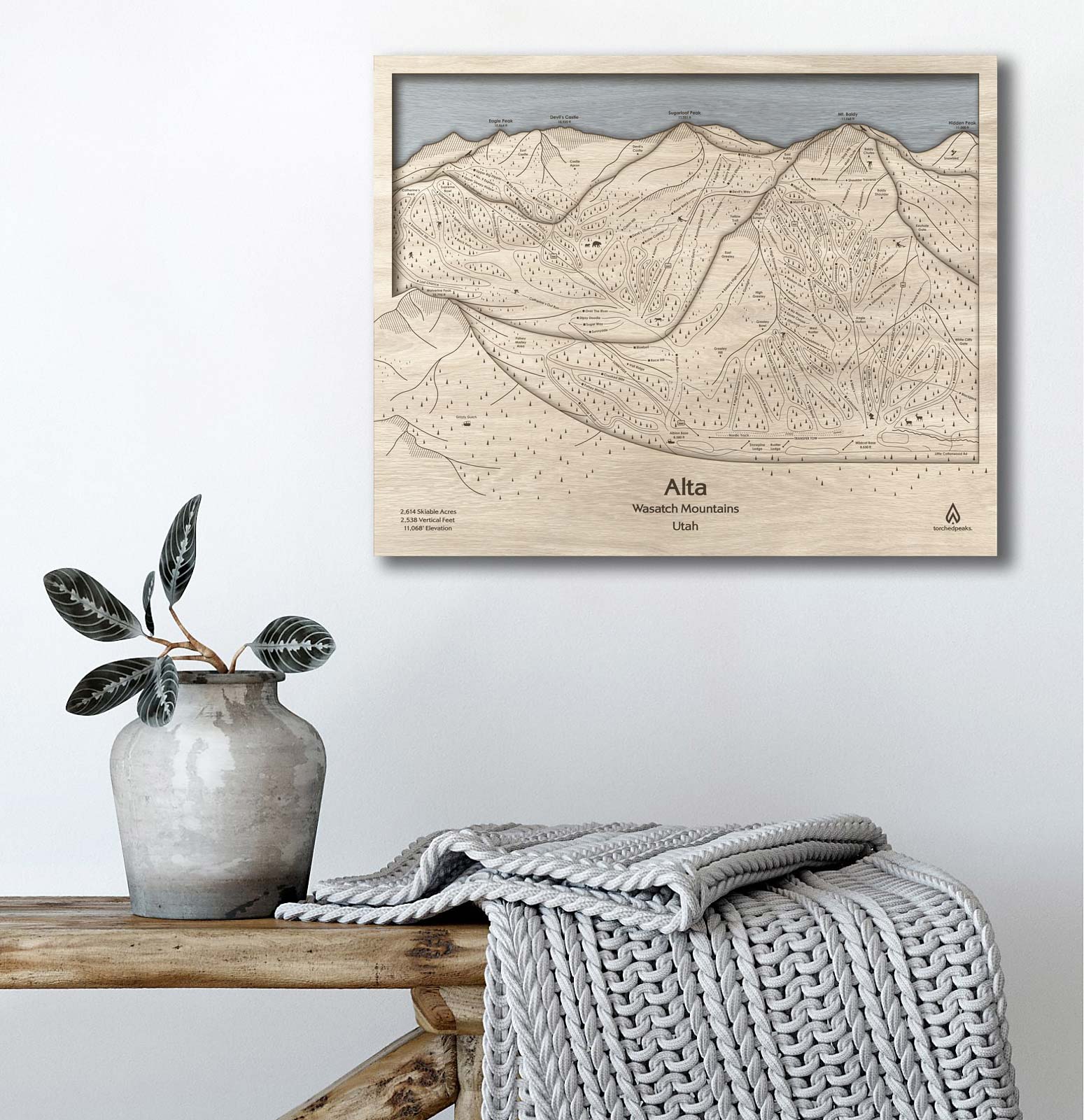 Alta Utah Ski Trail Map | Ski Slope Mountain Art Laser Engraved Maps