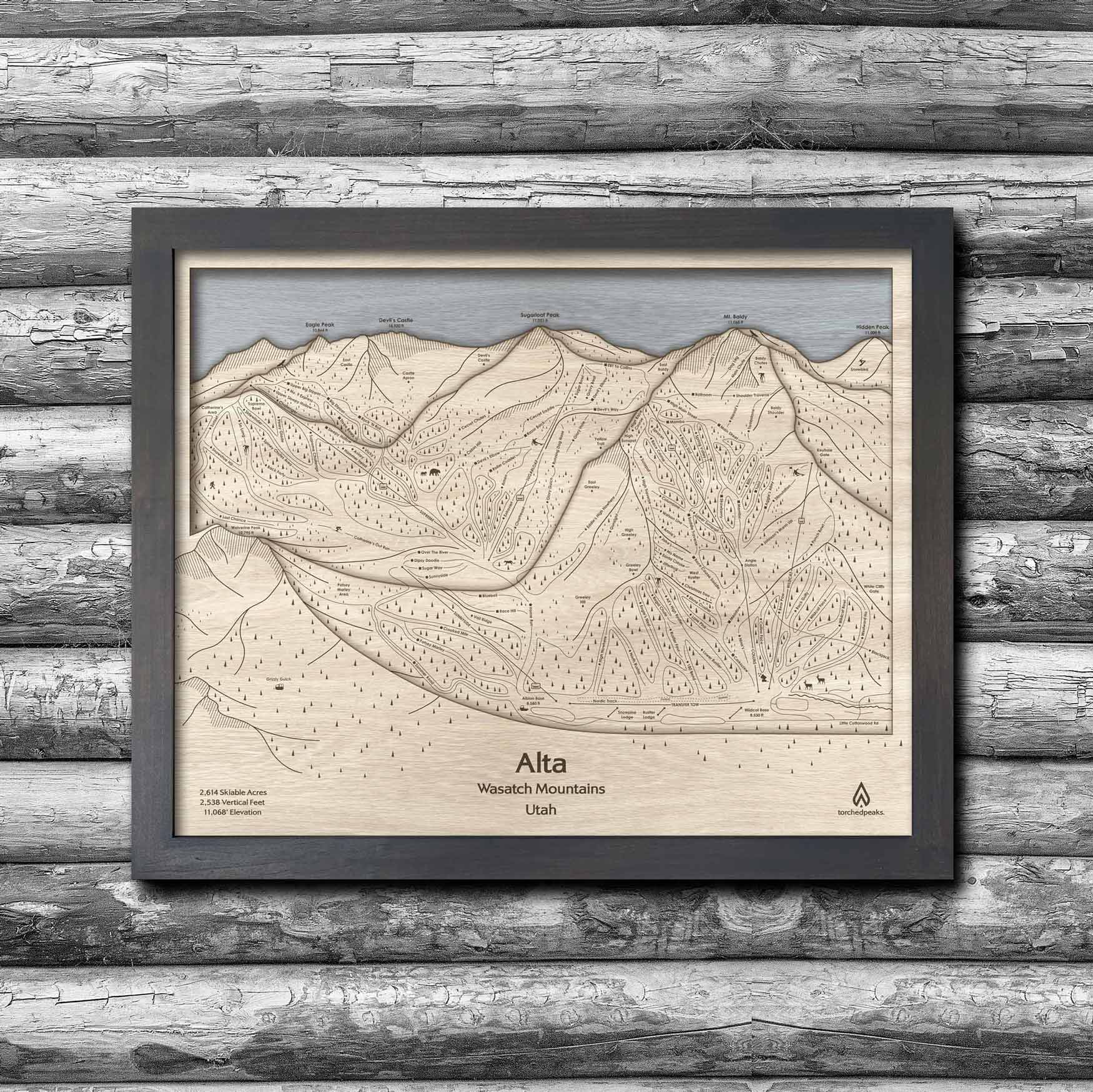 Alta Utah Ski Trail Map | Ski Slope Mountain Art Laser Engraved Maps