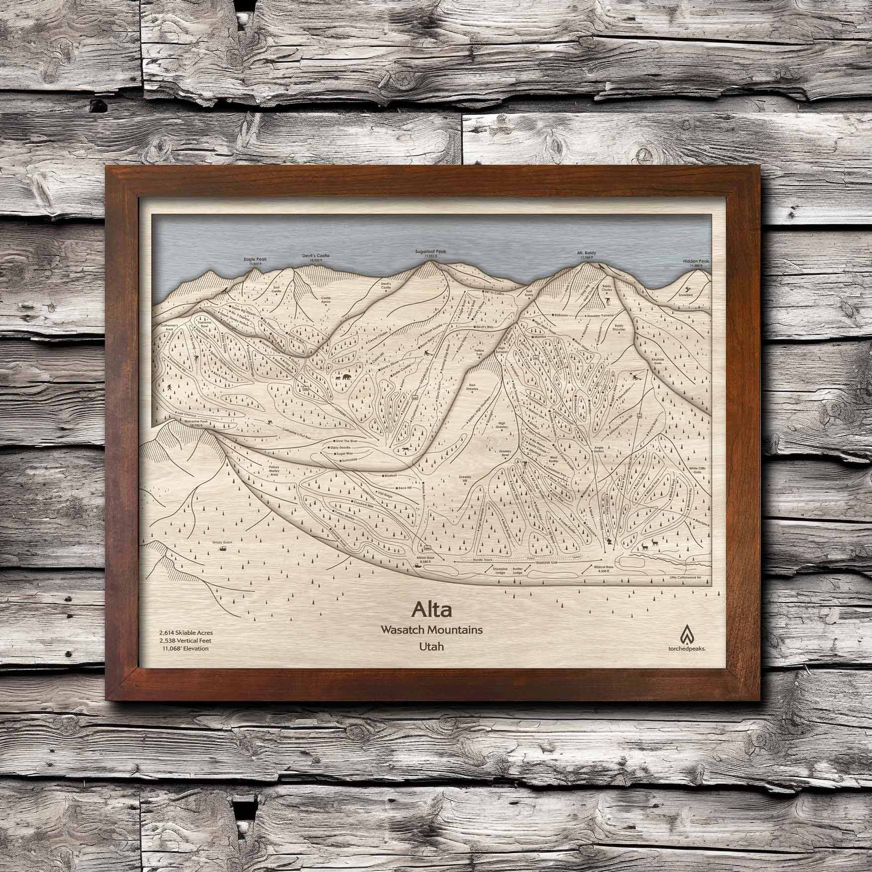 Alta Utah Ski Trail Map | Ski Slope Mountain Art Laser Engraved Maps