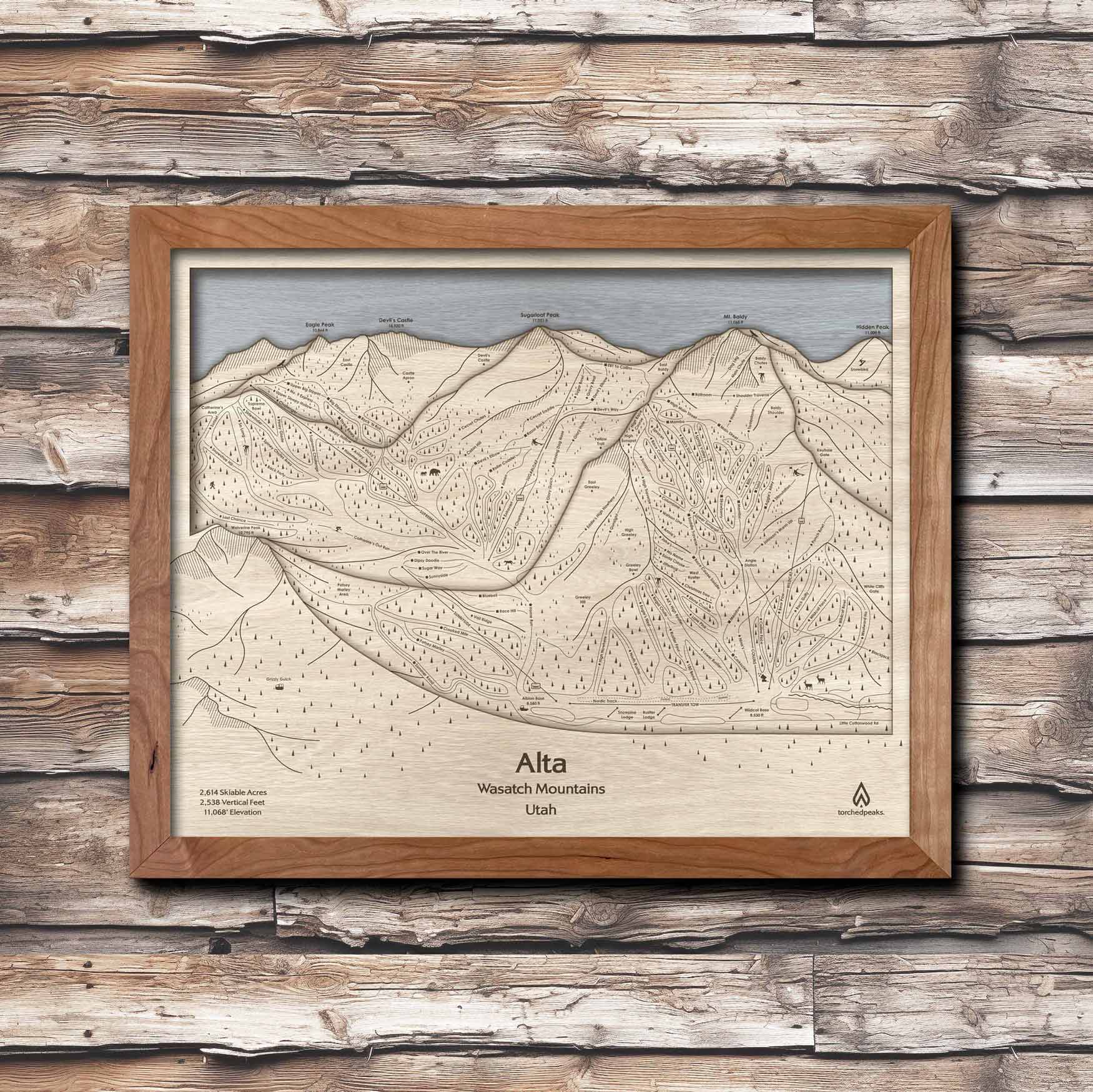 Alta Utah Ski Trail Map | Ski Slope Mountain Art Laser Engraved Maps
