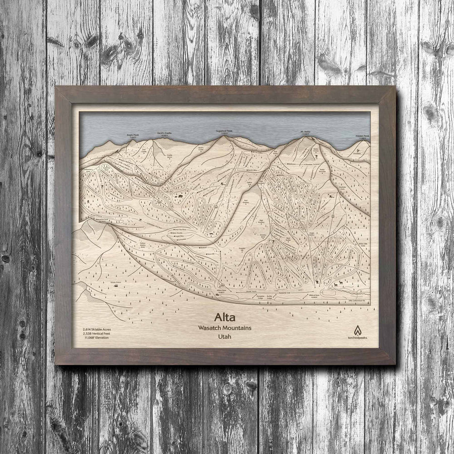Alta Utah Ski Trail Map | Ski Slope Mountain Art Laser Engraved Maps