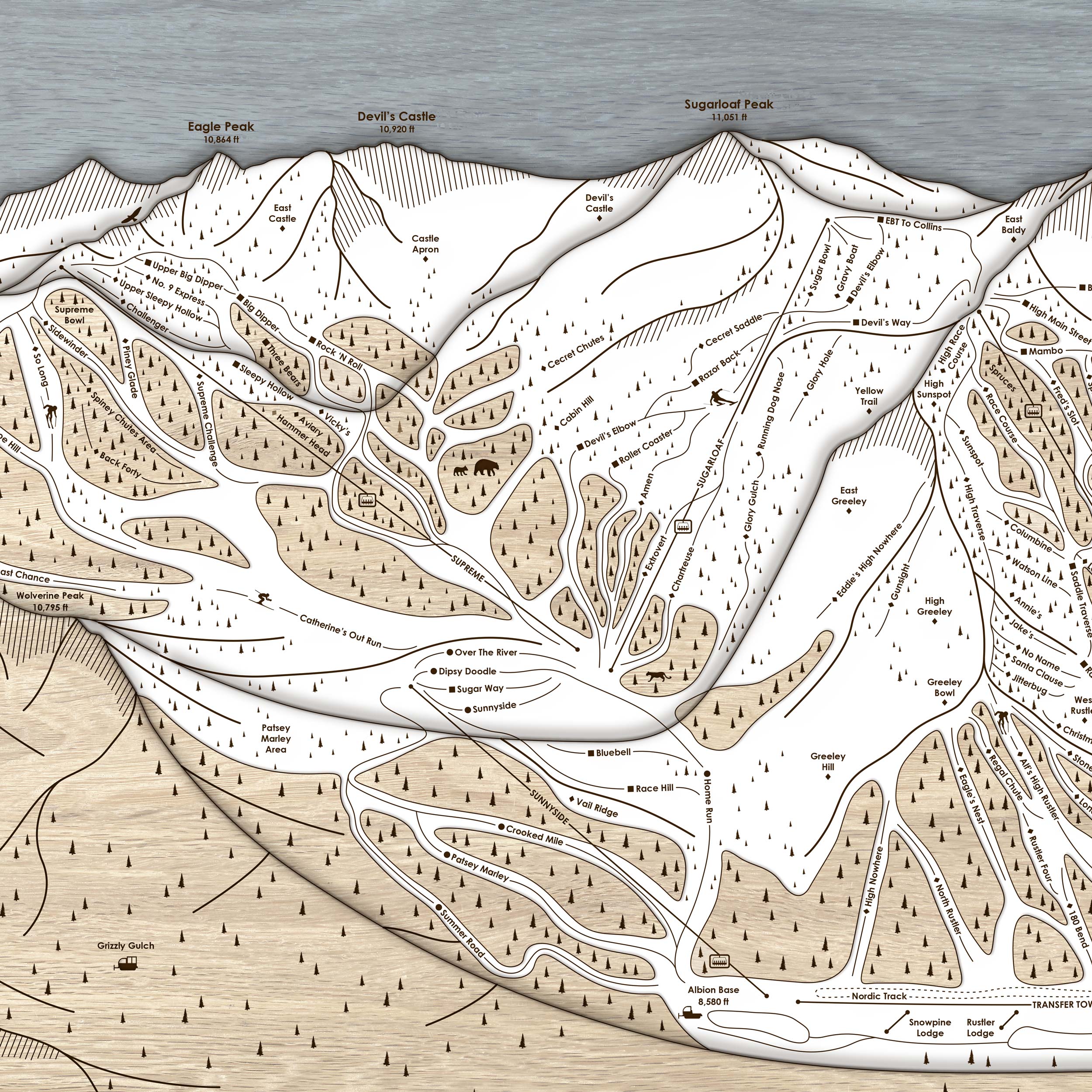 Alta Utah Ski Trail Map | 3D Wood Mountain Art, Laser-engraved