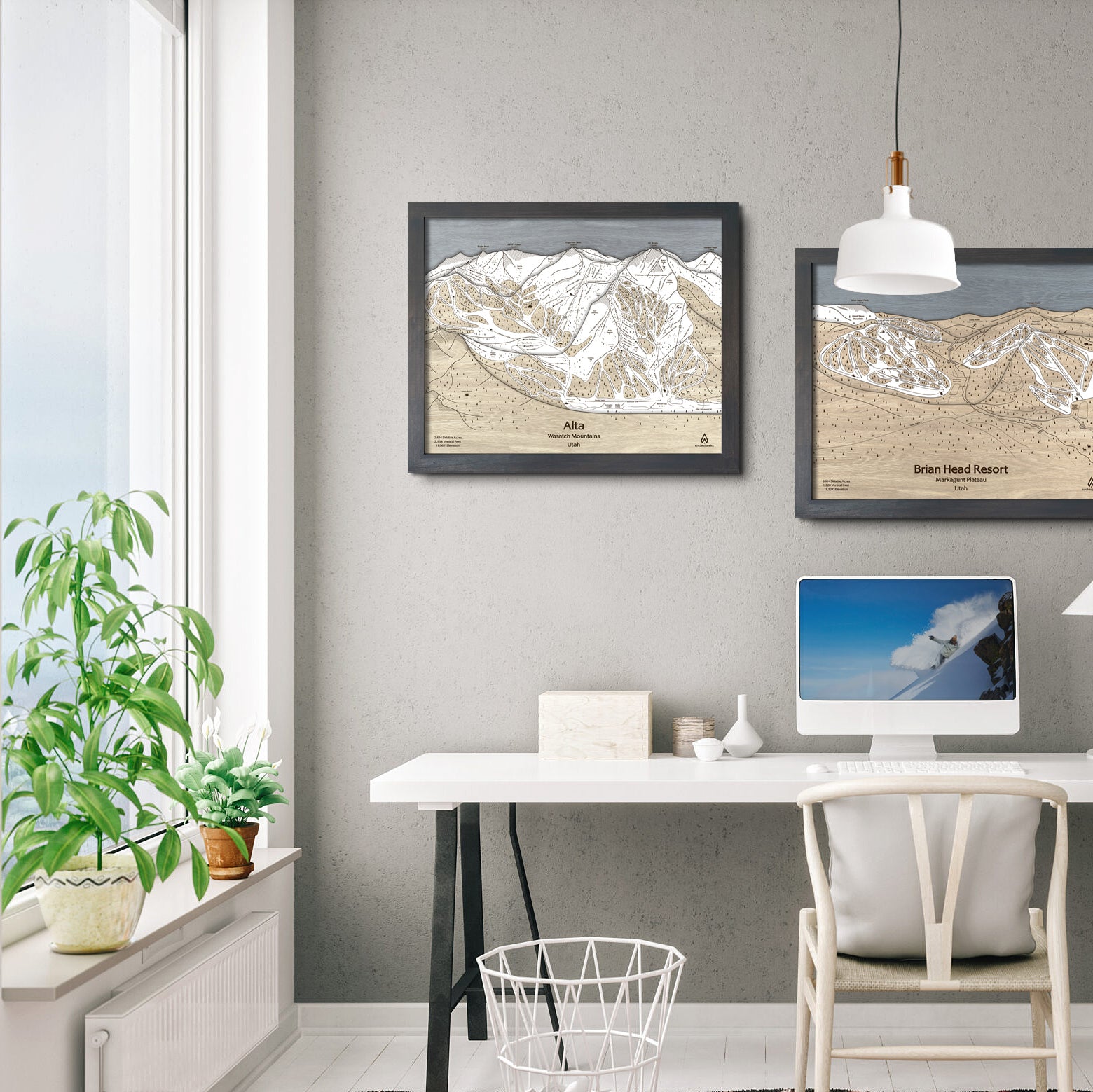 Alta Utah Ski Trail Map | Torched Peaks 3D Wood Mountain Art, Office Decor