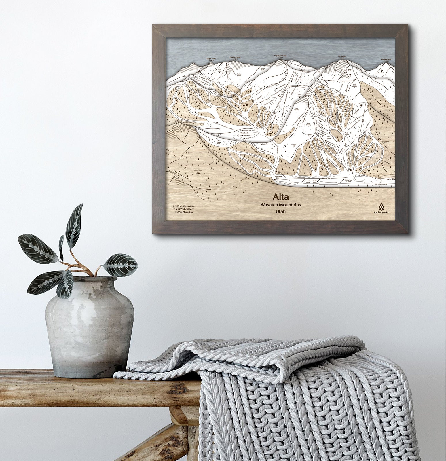 Alta Utah Ski Trail Map | Torched Peaks 3D Wood Mountain Art